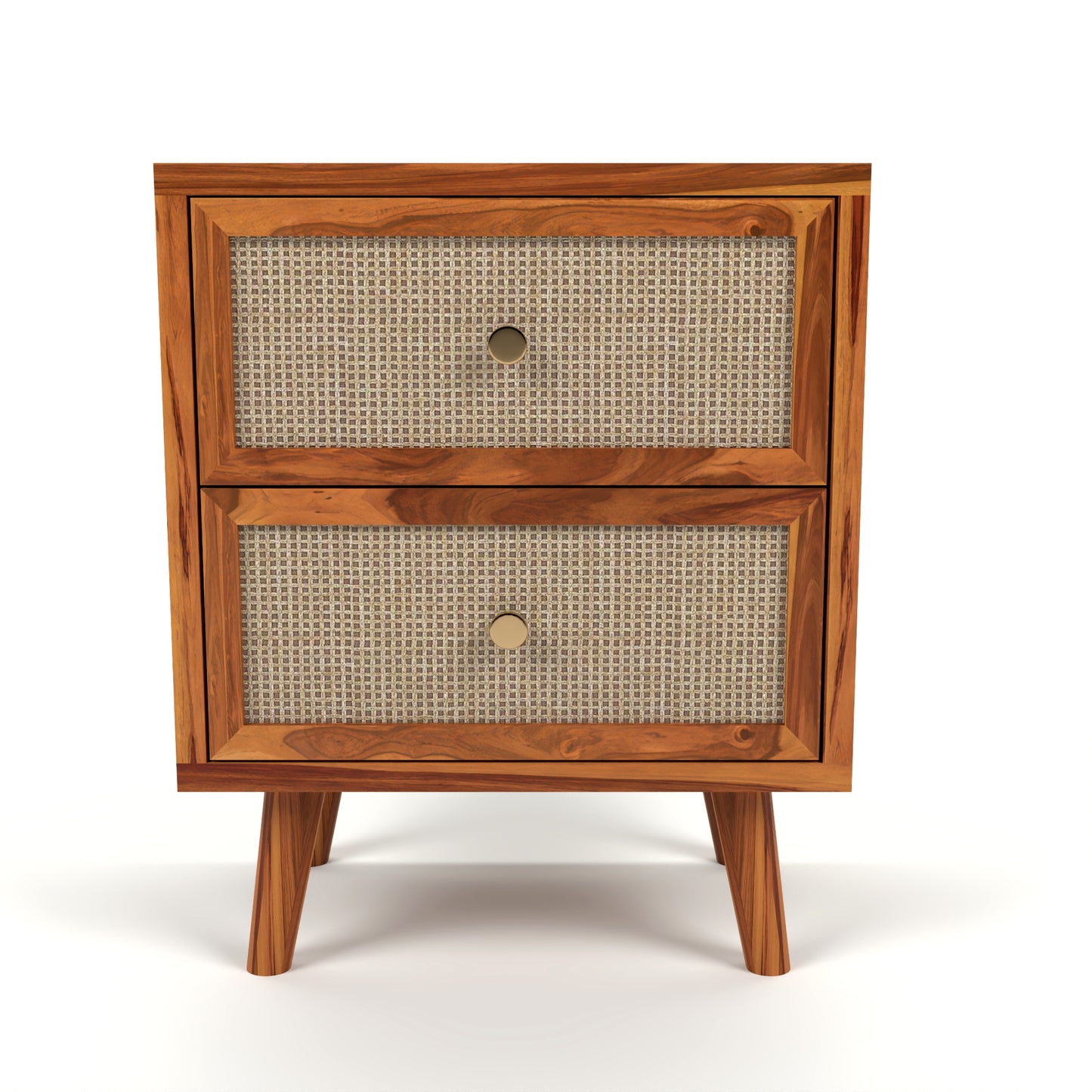 Rattan Cane Solid Sheesham Wood Bedside Table (Natural Finish)
