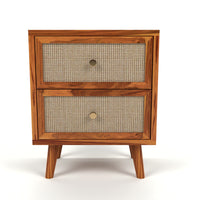 Rattan Cane Solid Sheesham Wood Bedside Table (Natural Finish)