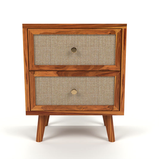 Rattan Cane Solid Sheesham Wood Bedside Table (Natural Finish)