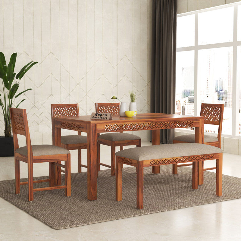Velora Sheesham Wood Dining Set 6 Seater With Bench (Honey Finish)