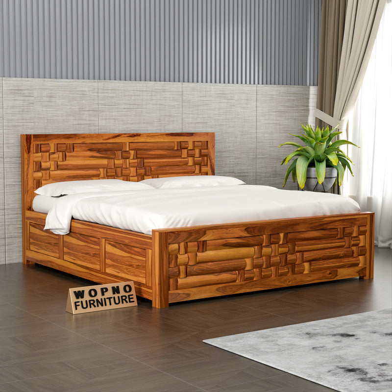 Durello Sheesham Wood Queen Size Bed With Storage (Honey Finish)