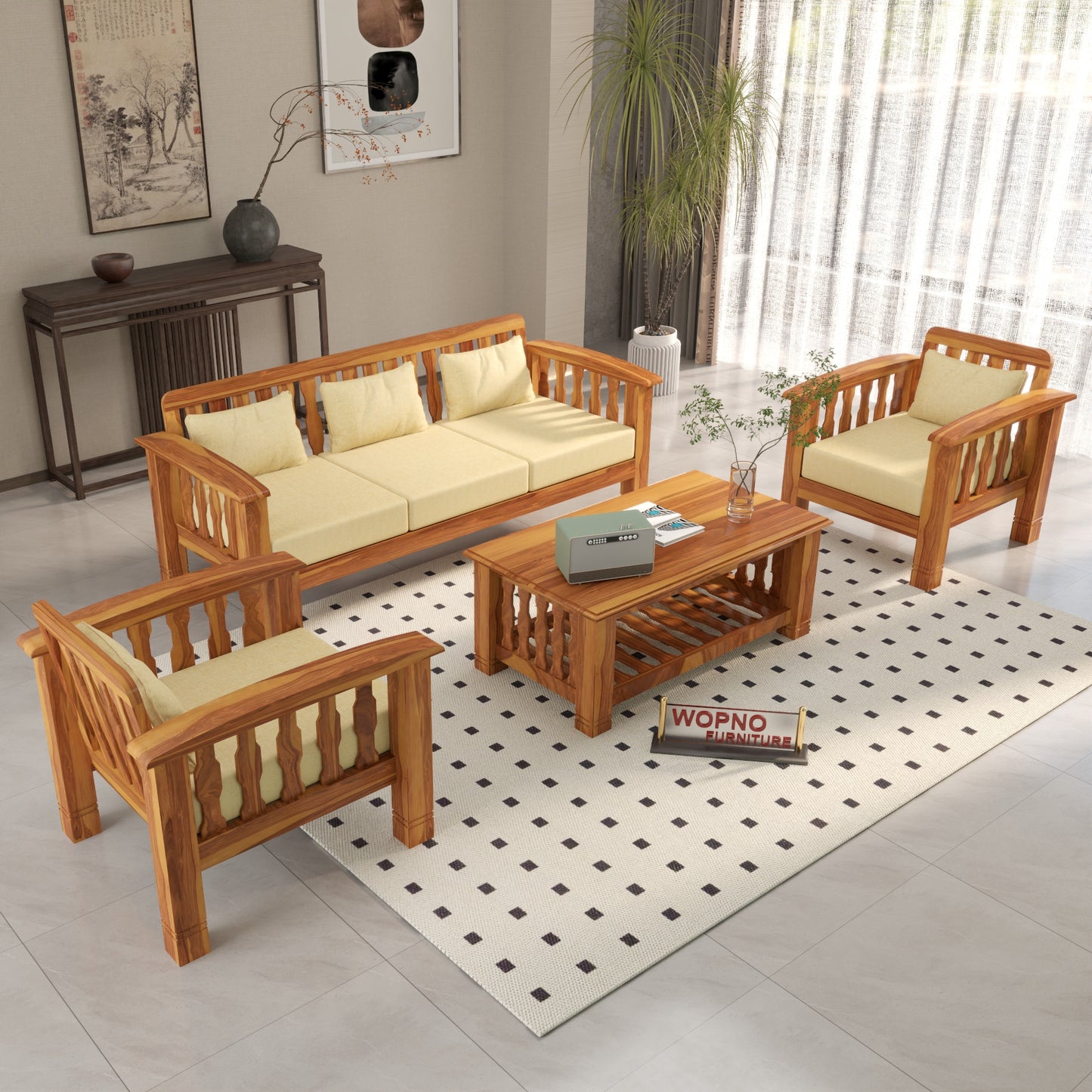 Raiden 5 Seater Solid Wood Sofa (Honey Finish)