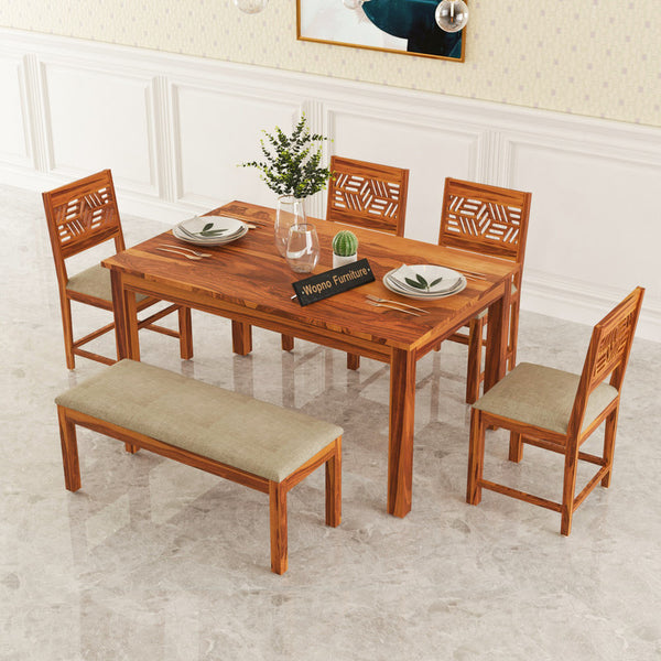 Morvex Sheesham Wood Dining Set 6 Seater With Bench (Honey Finish)