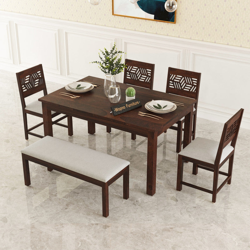Morvex Sheesham Wood Dining Set 6 Seater With Bench (Walnut Finish)