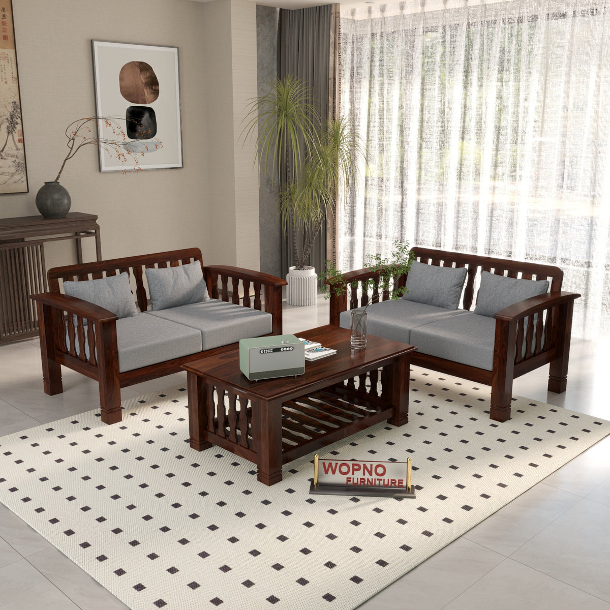 Raiden 4 Seater Solid Wood Sofa (Walnut Finish)
