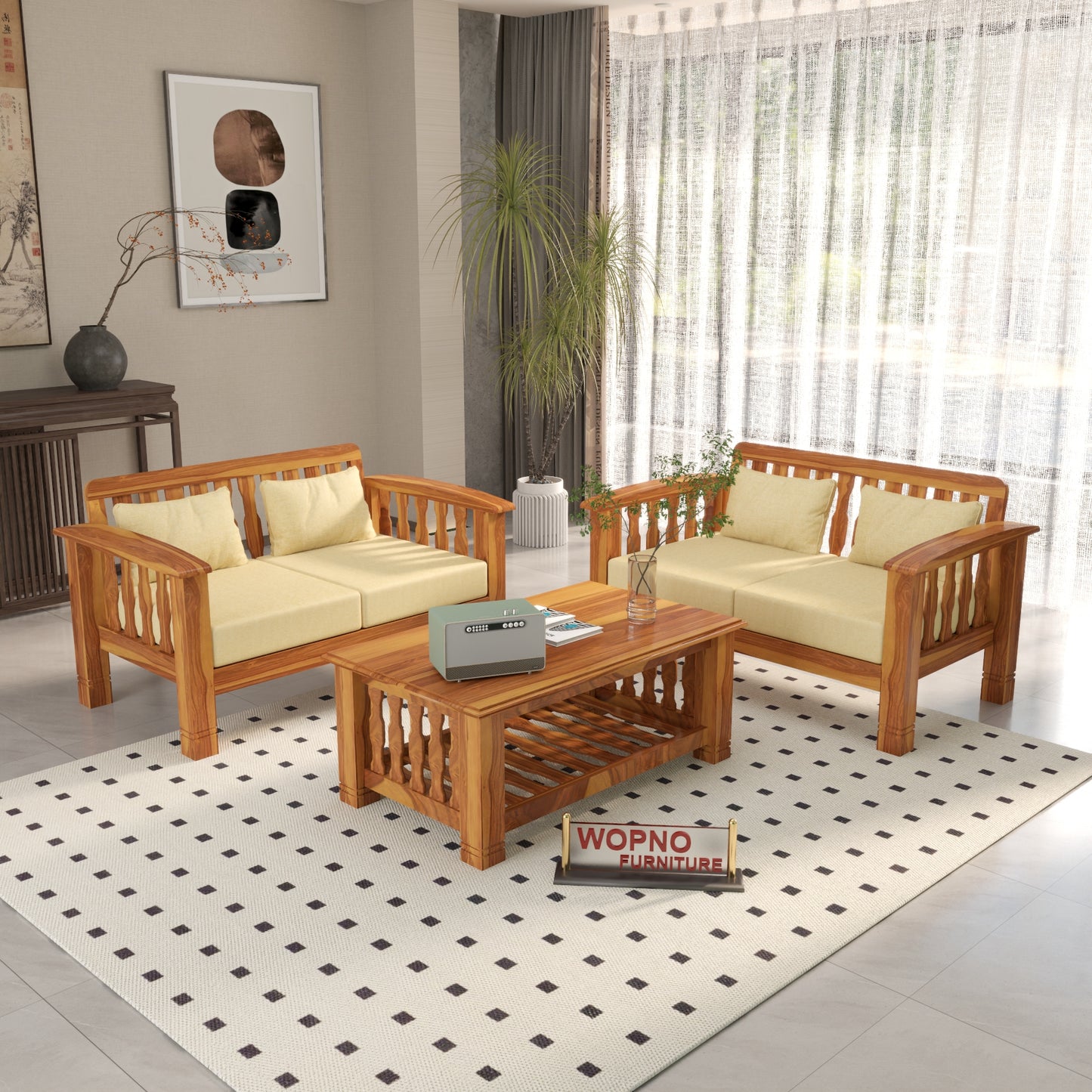 Raiden 4 Seater Solid Wood Sofa (Honey Finish)