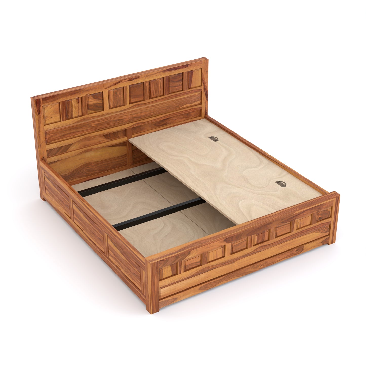 Ravento Sheesham Wood Queen Size Bed With Storage (Honey Finish)