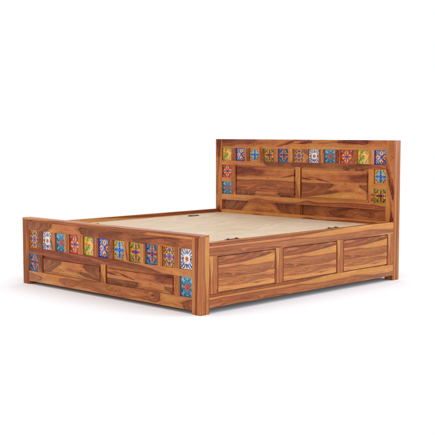 Novique Sheesham Wood Queen Size Bed With Storage (Honey Finish)