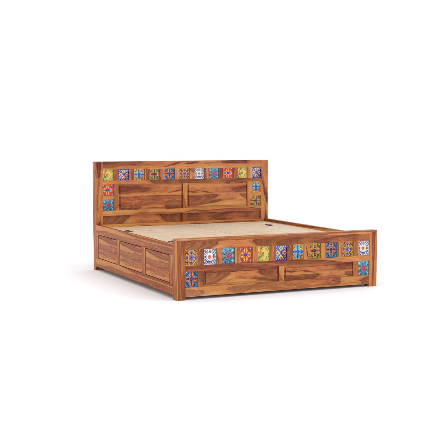 Novique Sheesham Wood Queen Size Bed With Storage (Honey Finish)