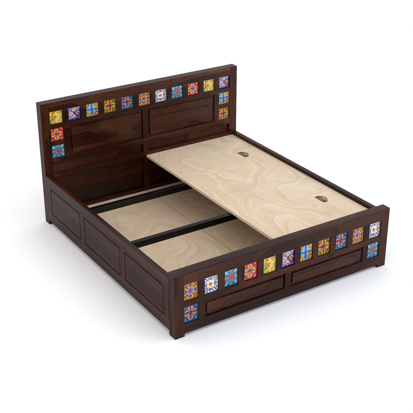 Novique Sheesham Wood Queen Size Bed With Storage (Walnut Finish)