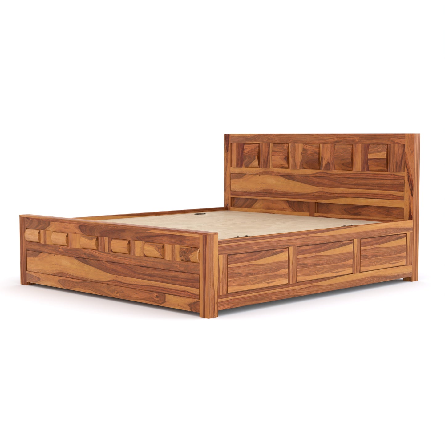 Zyvora Sheesham Wood Queen Size Bed With Storage (Honey Finish)