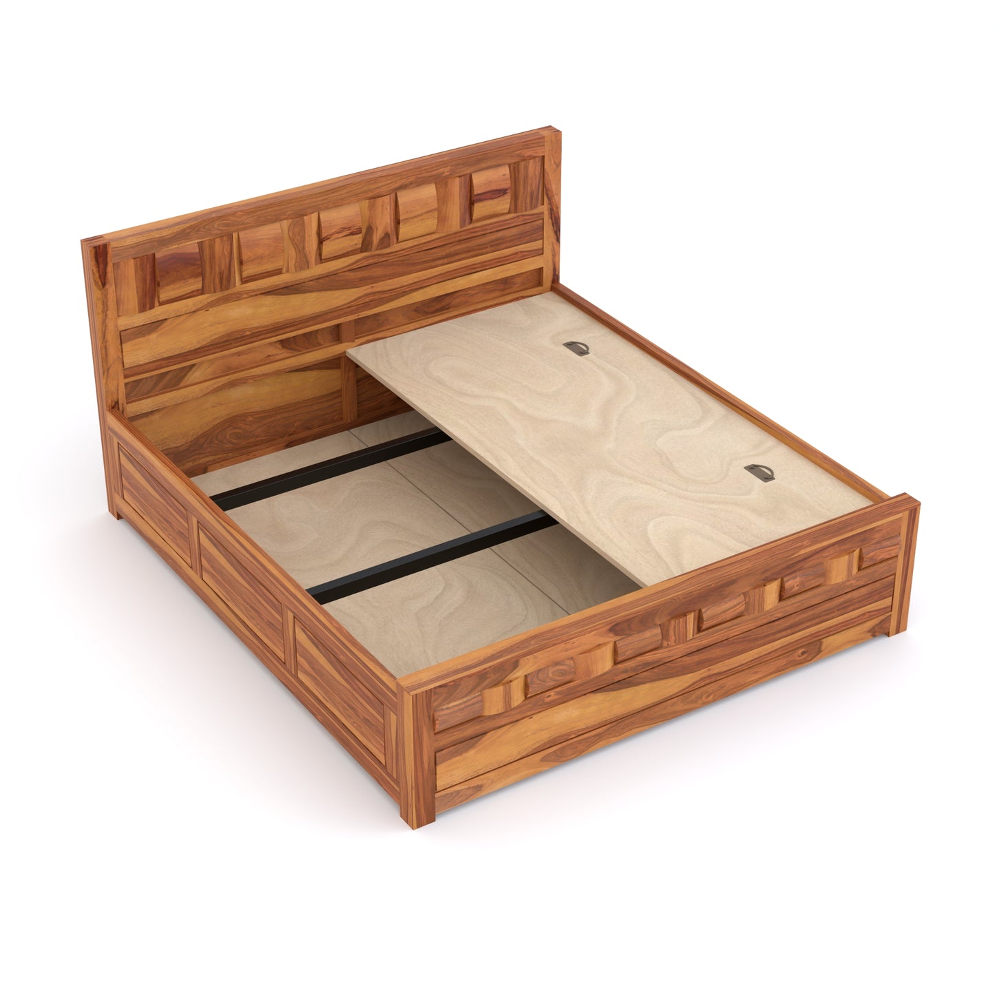 Zyvora Sheesham Wood Queen Size Bed With Storage (Honey Finish)