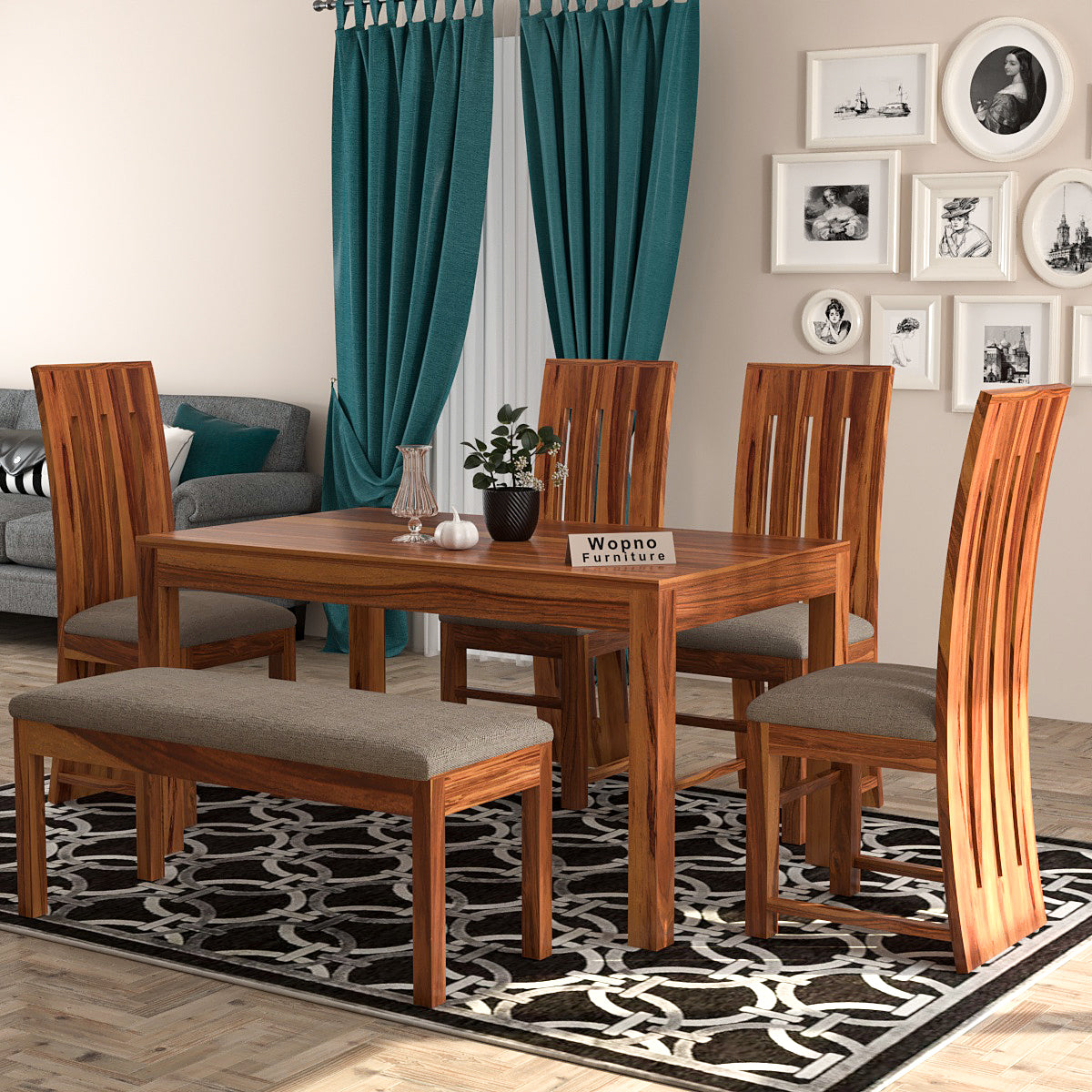 Zephora Sheesham Wood Dining Set 6 Seater With Bench (Honey Finish)