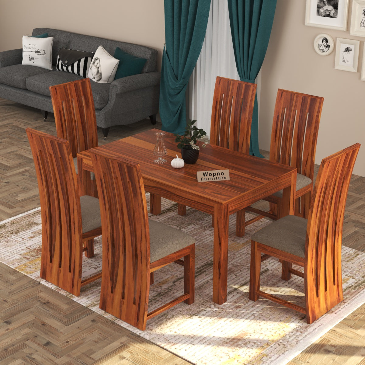 Zephora Sheesham Wood Dining Set 6 Seater (Honey Finish)
