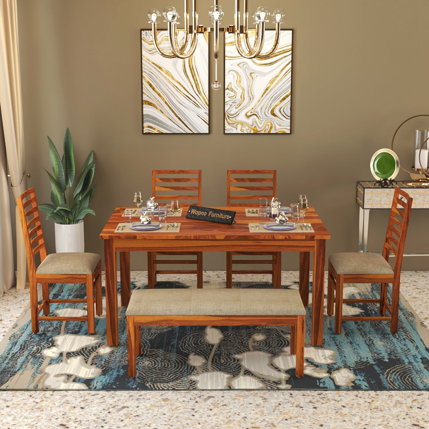 Lorveth Sheesham Wood Dining Set 6 Seater With Bench (Honey Finish)