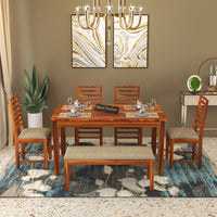 Lorveth Sheesham Wood Dining Set 6 Seater With Bench (Honey Finish)