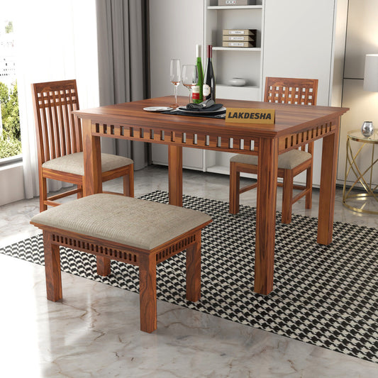 Orvion Sheesham Wood Dining Set 4 Seater With Bench (Honey Finish)