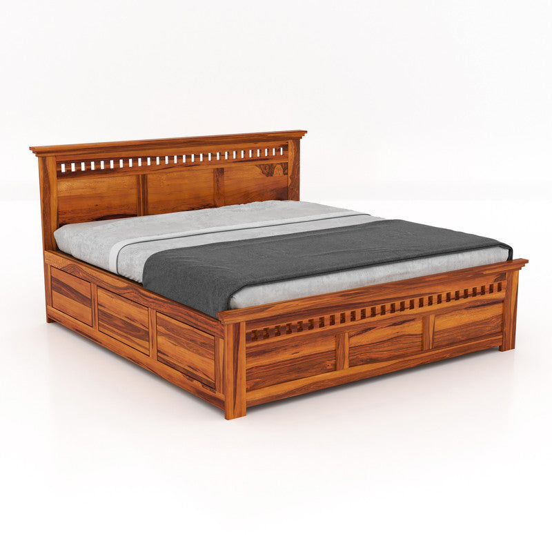 Proadouyn Sheesham Wood Queen Size Bed With Storage (Honey Finish)