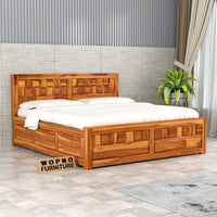 Vantrex Sheesham Wood Queen Size Bed With Storage (Honey Finish)