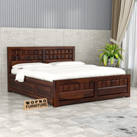 Vantrex Sheesham Wood Queen Size Bed With Storage (Walnut Finish)
