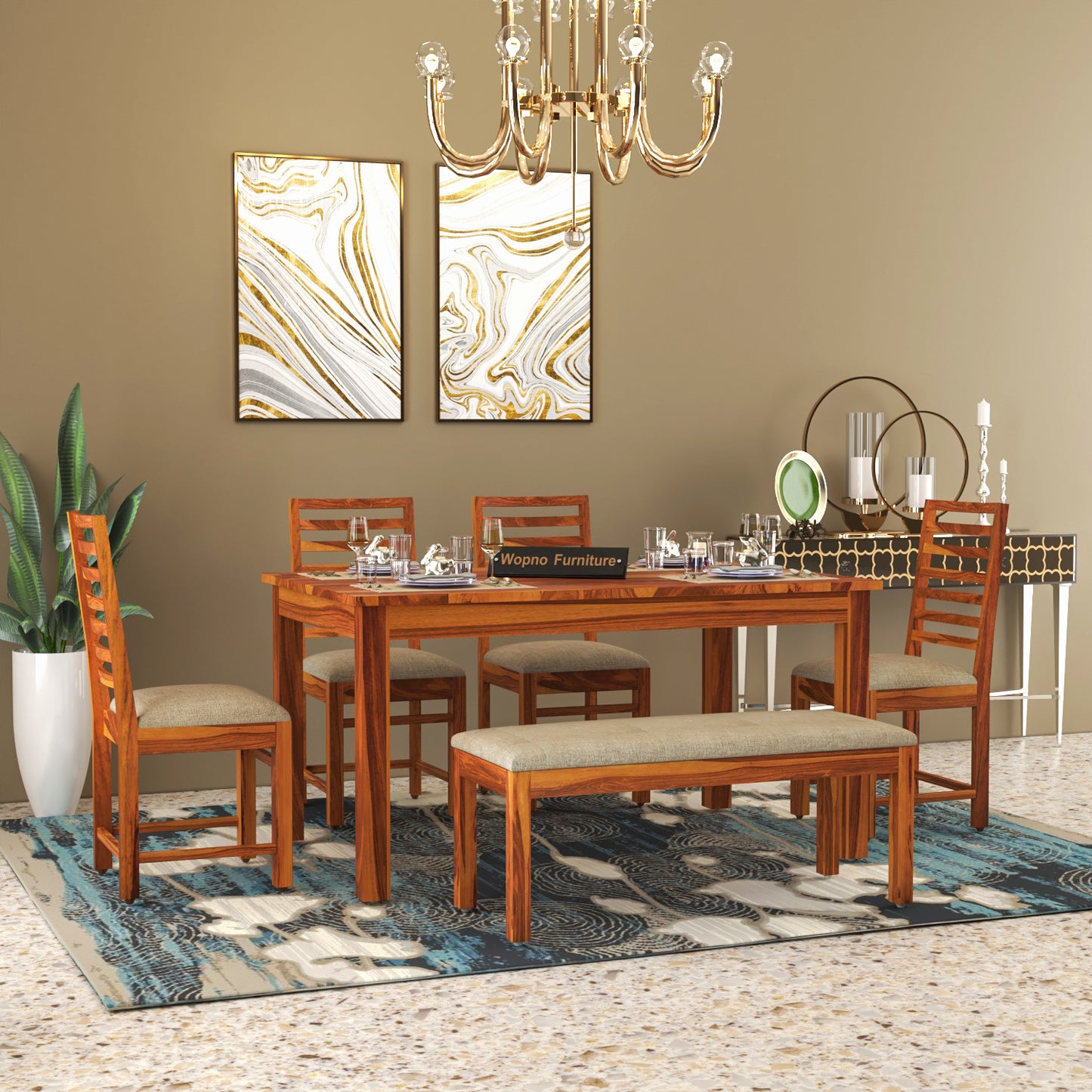 Lorveth Sheesham Wood Dining Set 6 Seater With Bench (Honey Finish)