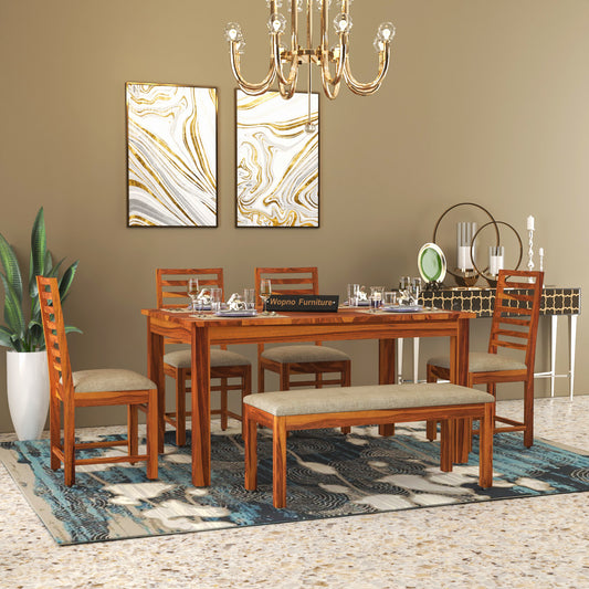 Lorveth Sheesham Wood Dining Set 6 Seater With Bench (Honey Finish)