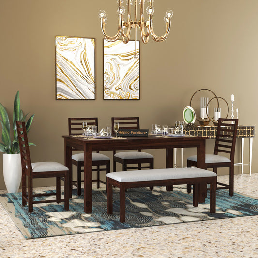 Lorveth Sheesham Wood Dining Set 6 Seater With Bench (Walnut Finish)