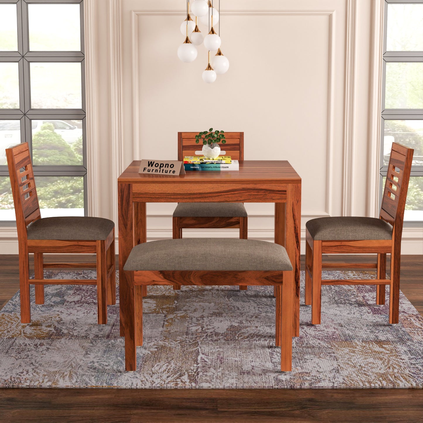 Solvian Sheesham Wood Dining Set 4 Seater With Bench (Honey Finish)