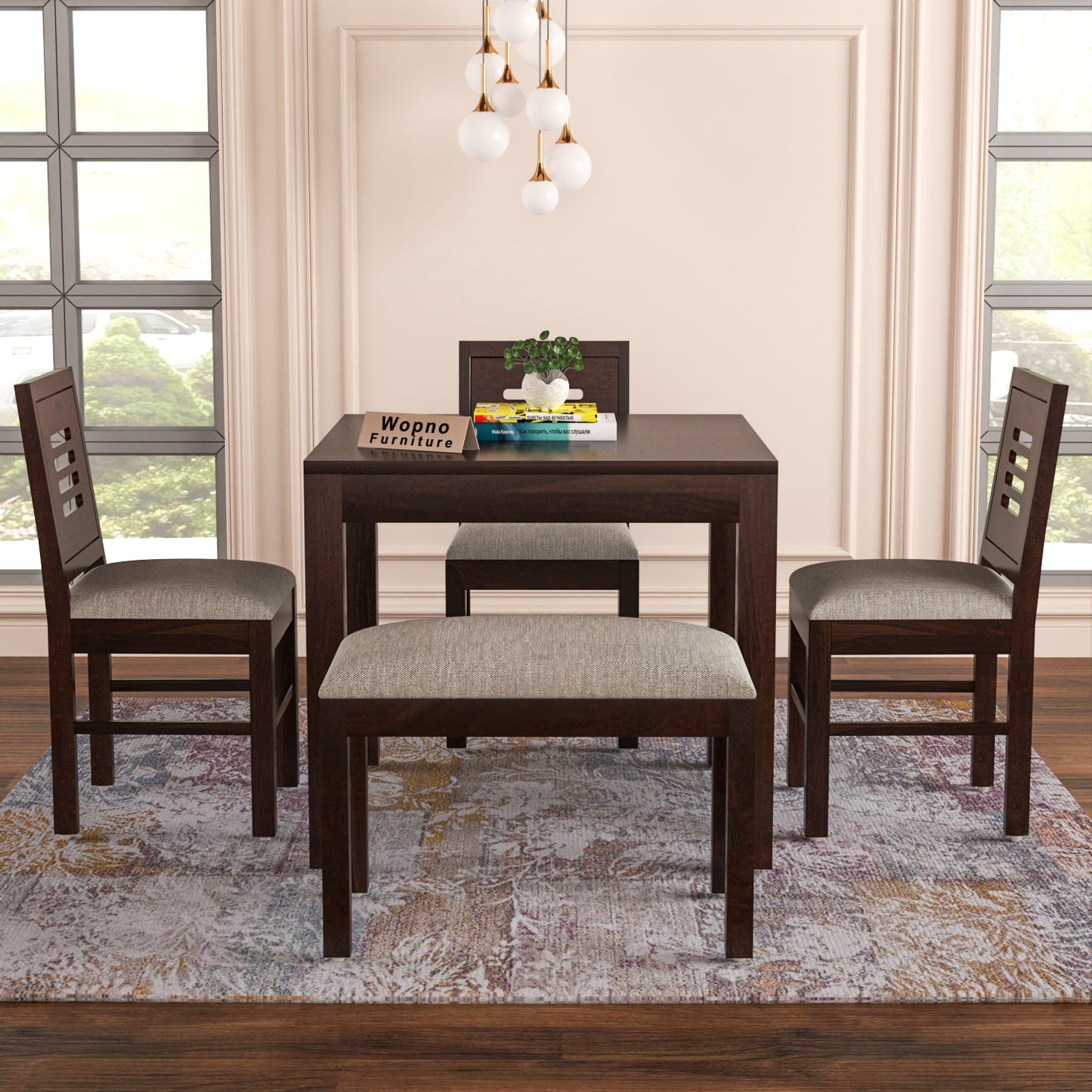 Solvian Sheesham Wood Dining Set 4 Seater With Bench (Walnut Finish)