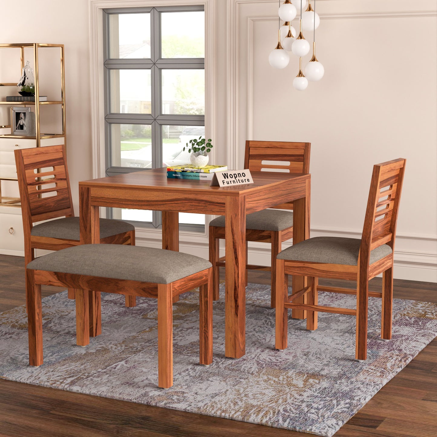 Solvian Sheesham Wood Dining Set 4 Seater With Bench (Honey Finish)