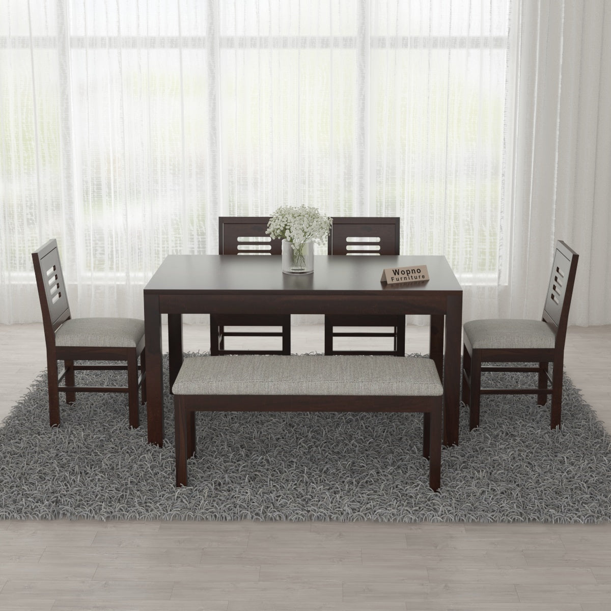 Solvian Sheesham Wood Dining Set 6 Seater With Bench (Walnut Finish)
