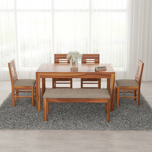 Solvian Sheesham Wood Dining Set 6 Seater With Bench (Honey Finish)
