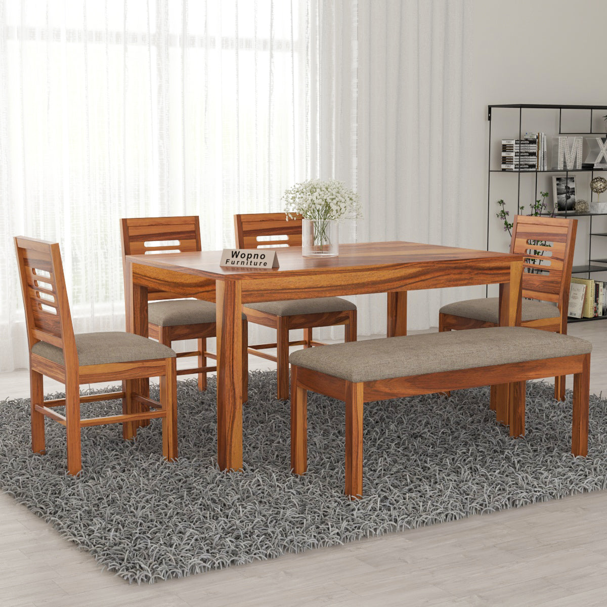 Solvian Sheesham Wood Dining Set 6 Seater With Bench (Honey Finish)