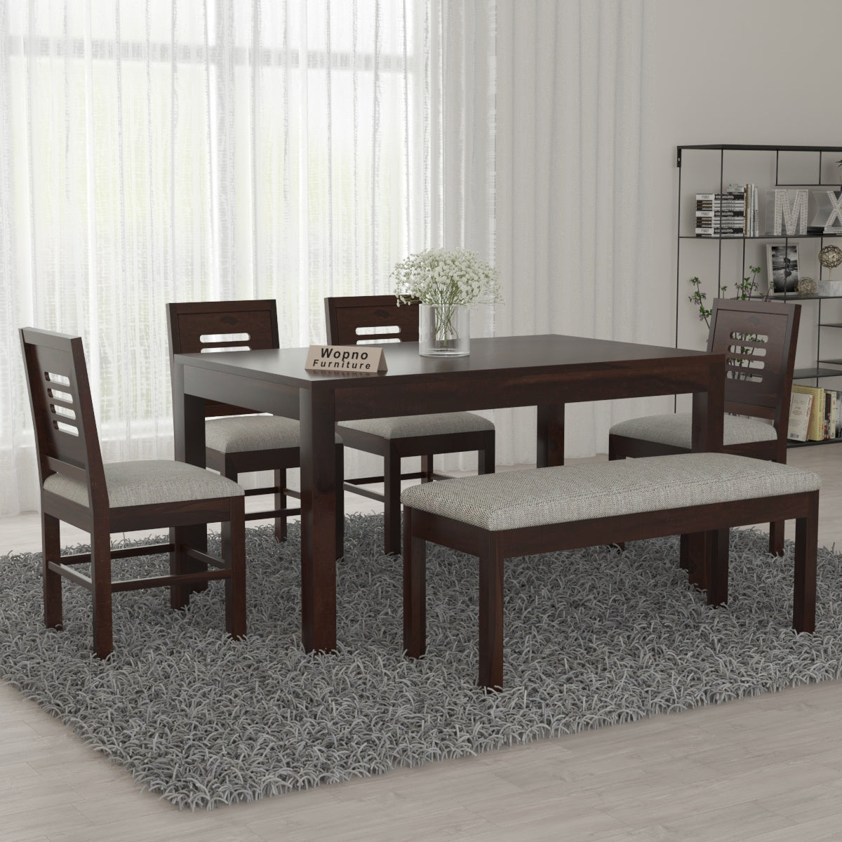 Solvian Sheesham Wood Dining Set 6 Seater With Bench (Walnut Finish)