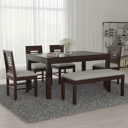 Solvian Sheesham Wood Dining Set 6 Seater With Bench (Walnut Finish)