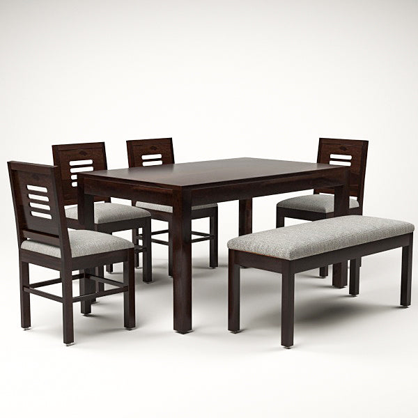 Solvian Sheesham Wood Dining Set 6 Seater With Bench (Walnut Finish)