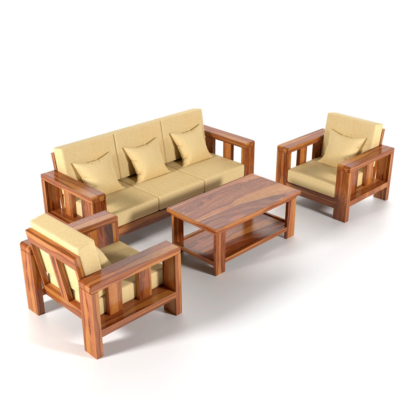 Zyvora 5 Seater Solid Wood Sofa (Honey Finish)