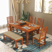 Lorveth Sheesham Wood Dining Set 6 Seater With Bench (Honey Finish)