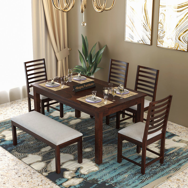 Lorveth Sheesham Wood Dining Set 6 Seater With Bench (Walnut Finish)
