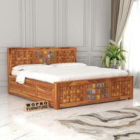 Eltrion Sheesham Wood Queen Size Bed With Storage (Honey Finish)