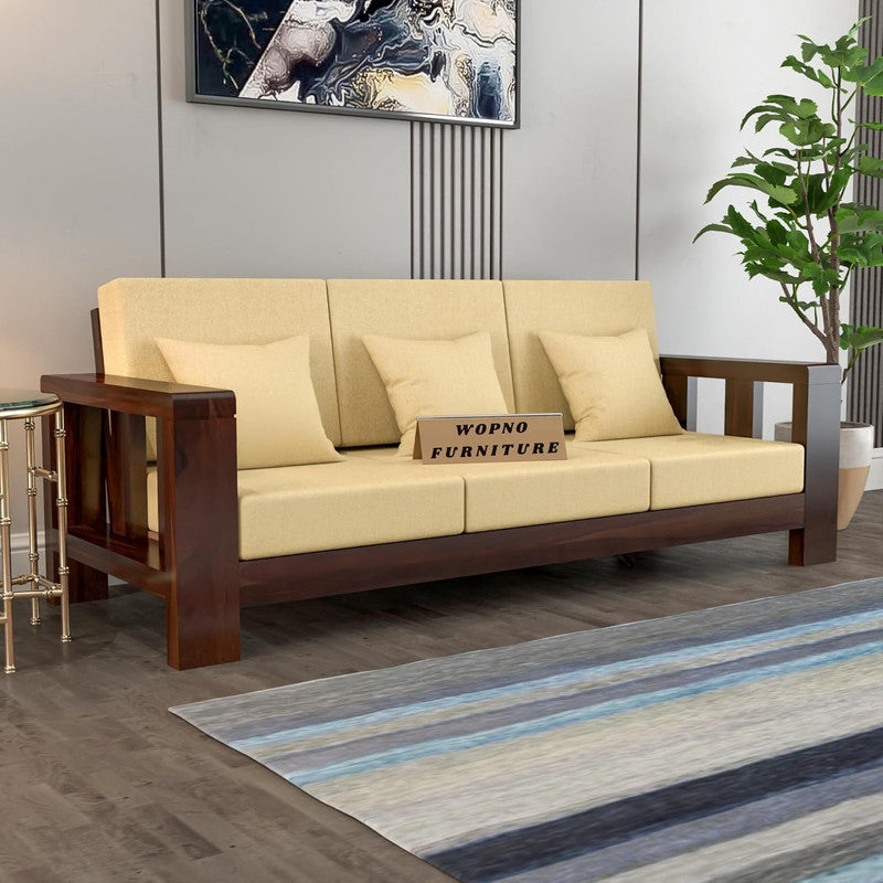 Zyvora 3 Seater Solid Wood Sofa (Walnut Finish)