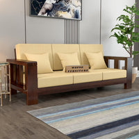 Zyvora 3 Seater Solid Wood Sofa (Walnut Finish)