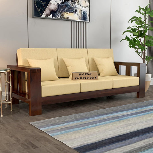Zyvora 3 Seater Solid Wood Sofa (Walnut Finish)