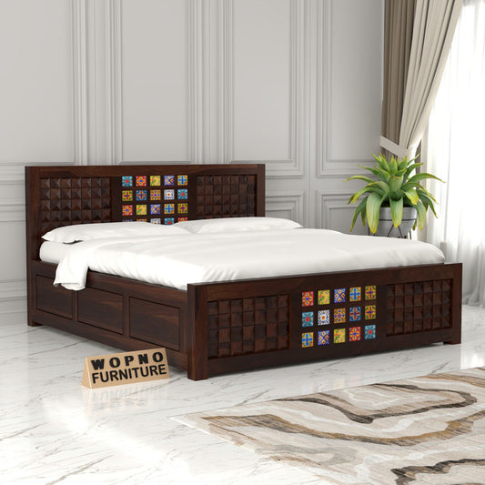 Eltrion Sheesham Wood Queen Size Bed With Storage (Walnut Finish)