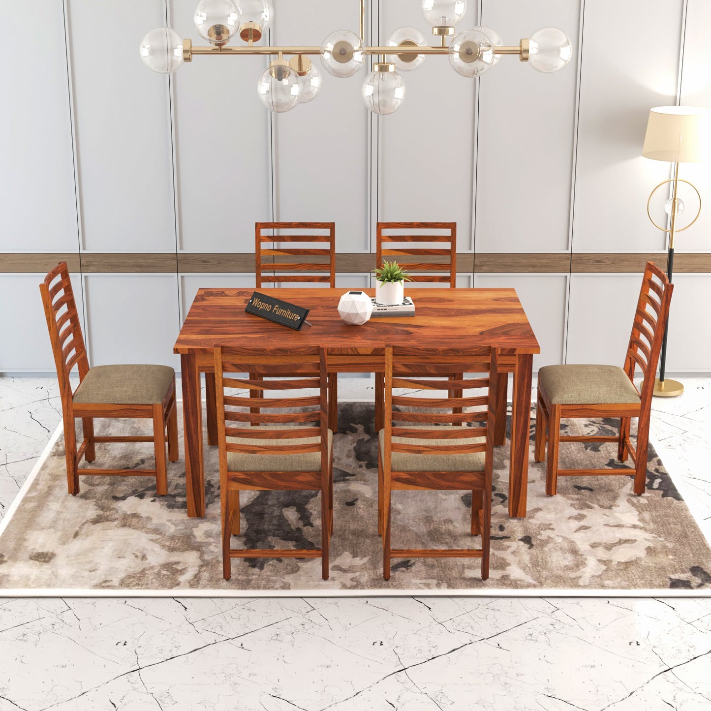 Lorveth Sheesham Wood Dining Set 6 Seater (Honey Finish)