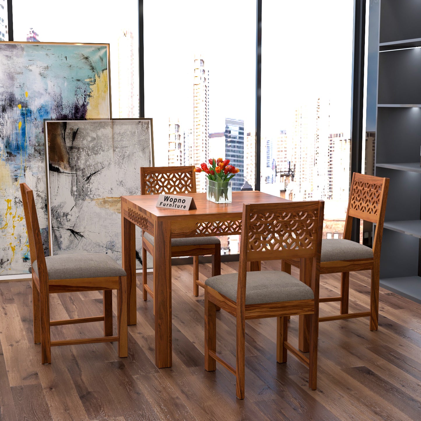 Velora Sheesham Wood Dining Set 4 Seater (Honey Finish)