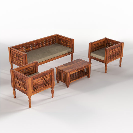 Sovric Solid Sheesham  Wooden 5 Seater Sofa Set (Honey Finish )