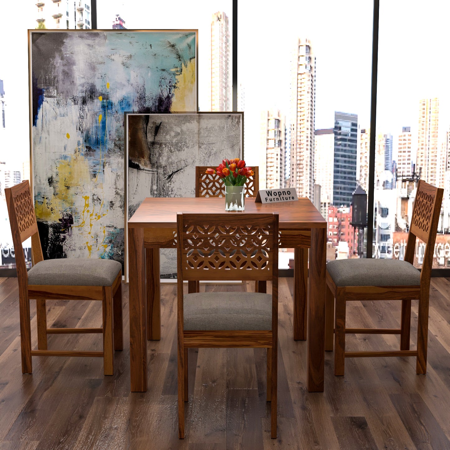 Velora Sheesham Wood Dining Set 4 Seater (Honey Finish)