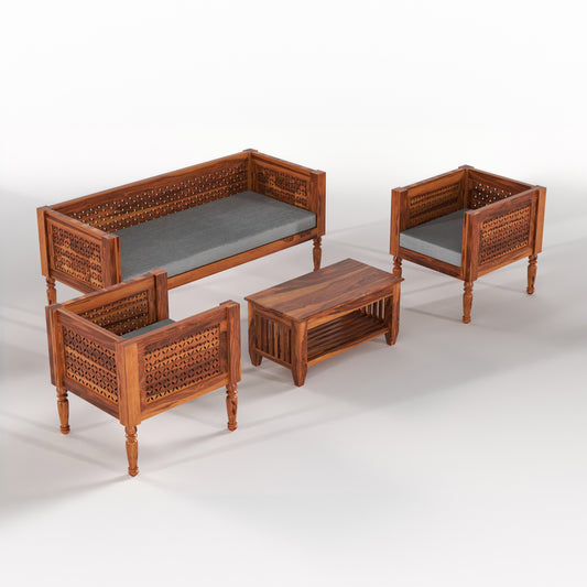 Sovric Solid Sheesham  Wooden 5 Seater Sofa Set (Honey Finish )