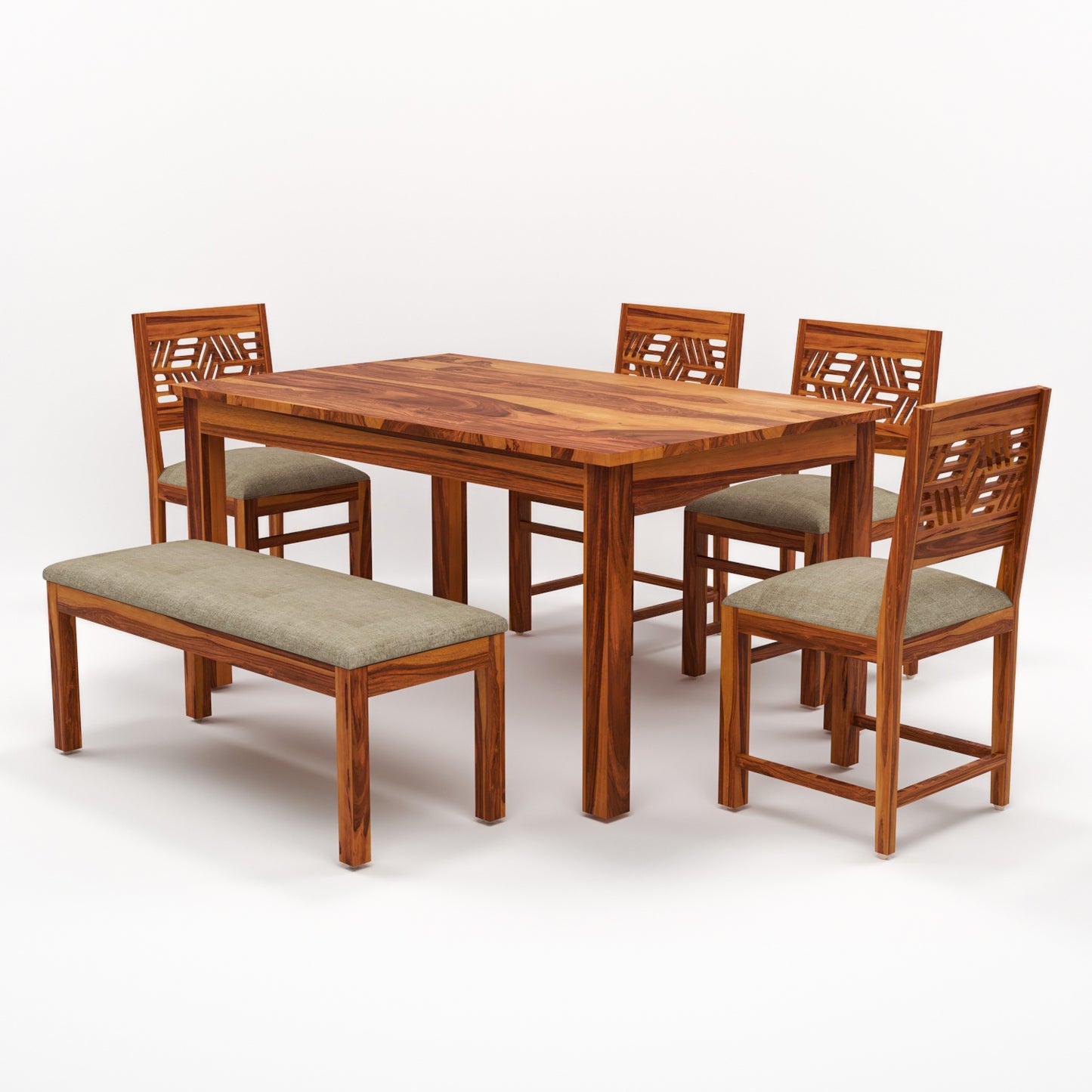 Morvex Sheesham Wood Dining Set 6 Seater With Bench (Honey Finish)